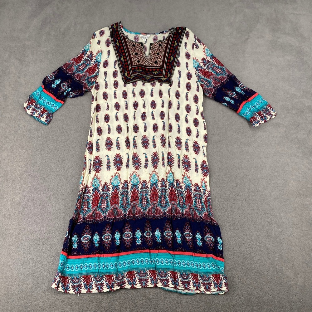 Endeavor Womens Paisley Boho Shift Dress Embroidered Bib Neckline Multi Color S